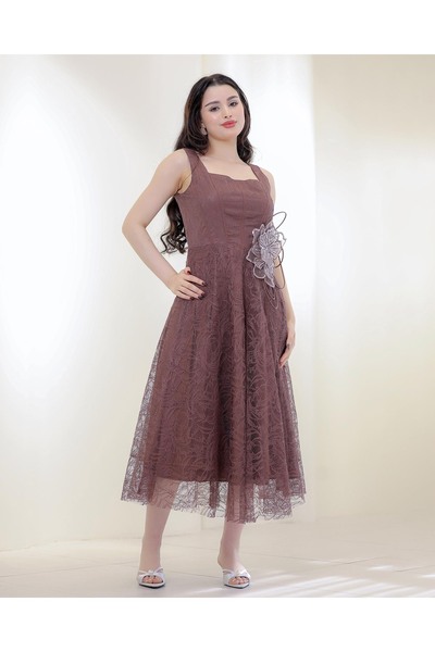 Opera Fashion فستان ميدي بناتي دانتيل بتفصيل وردة فاخرة على الخصر