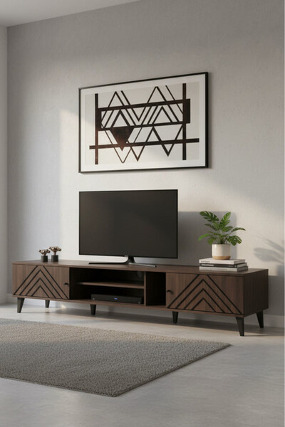 MARIA HOMES Geometric Brown Design TV Table with Open Shelf & Storage Cabinets