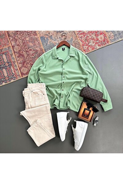 tiggir moda Men's Corded Fabric Fabric Shirt and Denim Pants 2-Piece Set