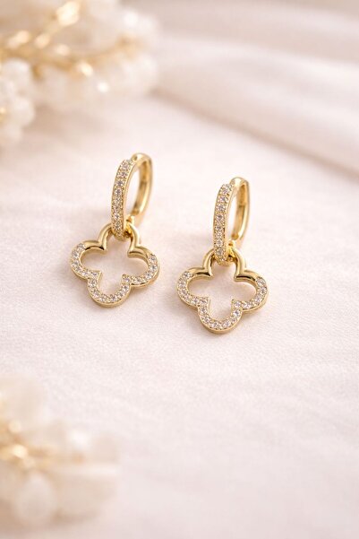 Çelik Yonca Taşlı Küpe – Gold