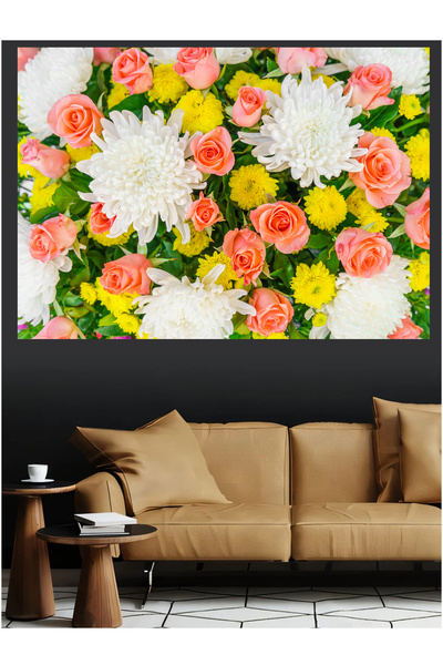 Mushen Studio Buchet de flori colorate Trandafiri Crizanteme Galben Roz Tablo...
