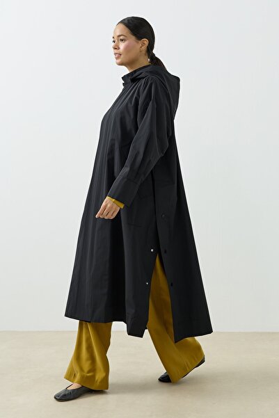 QANU Kapüşonlu Oversize Yağmurluk Siyah