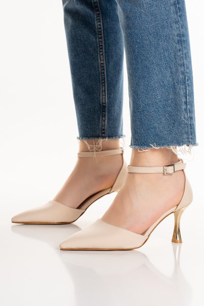 HAYAT SHOES Women's Beige Color Strappy Satin Stiletto Heel U Stylish Comfortable 7.5cm Shoes Stiletto