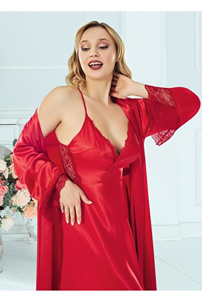 For Dreams Saten Uzun Gecelik ve Sabahlık Takımı Sırt Dantel Detaylı 2 Parça ...