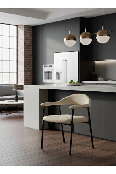 MARIA HOMES Modern Camel Upholstered Dining Chair with Curved Back & Black Me...