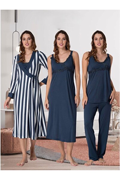 Lohusa Homewear Kadın Lacivert Çizgi Detaylı Askılı %100 Pamuk Hamile Lohusa ...