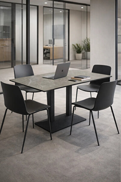 MARIA HOMES Modern Rectangular Dining Table with Grey Marble-Effect Top & Bla...