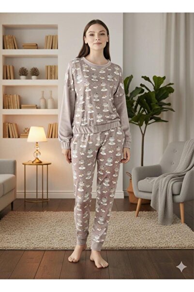 İpek Women's Long Sleeve Cuff Detailed Lamb Pattern Thermal Pajama Set