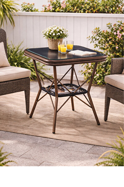MARIA HOMES Modern Coffee Square Table with Marble-Effect Top & Metal Cross Base