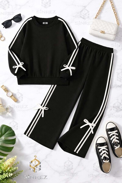 SİNREZ Girls' O-Neck Sweatshirt Suit with Bow Detail