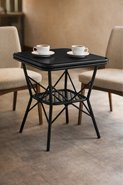 MARIA HOMES طاولة مربعة سوداء عصرية بسطح ذي تأثير رخامي وقاعدة معدنية متقاطعة