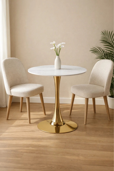 MARIA HOMES Modern Round White Table with Gold Pedestal Base
