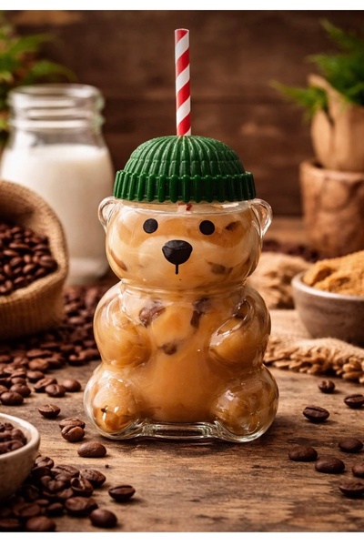 Hane216 Cute Teddy Bear Print Glass Cold Drink Cup Bearista Cup 550 ml
