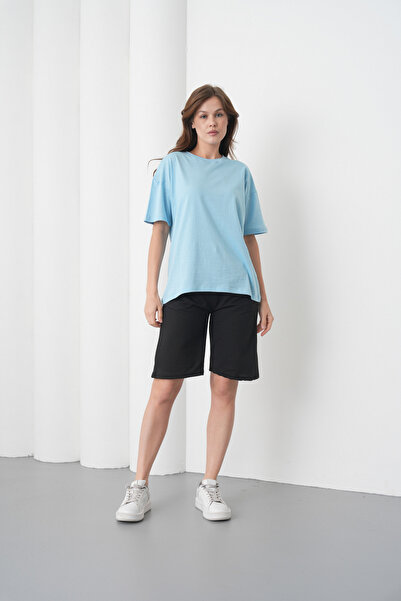 caddekombin Women's Blue Black Cotton Piece Combed Cotton Short Sleeve Pocket...