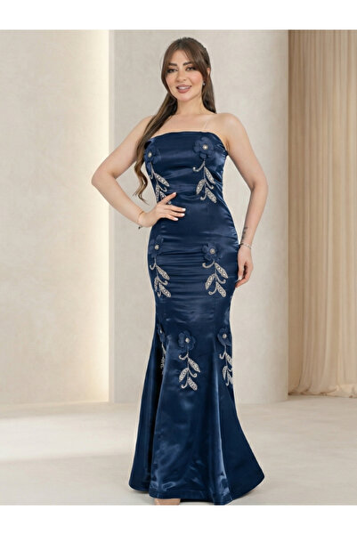 TREN Stunning Straight Cut Mikado Evening Dress With Three Dimensional Roses ...