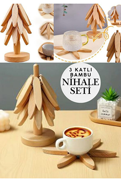 BRE HOME Tasarım Bambu Ağaç Nihale Seti - Katlanır Ahşap Tencere ve Çaydanlık...