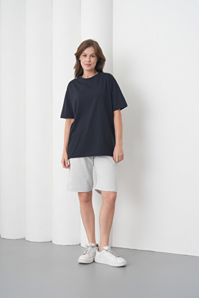 caddekombin Women's Navy Blue Gray Cotton Piece Combed Cotton Short Sleeve Po...