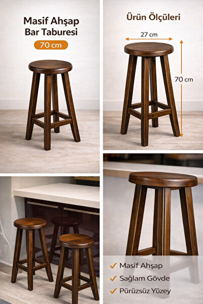 ÇALIK Masif Ahşap Tabure – Doğal Ahşap Sağlam Mutfak & Balkon Taburesi 70cm E...