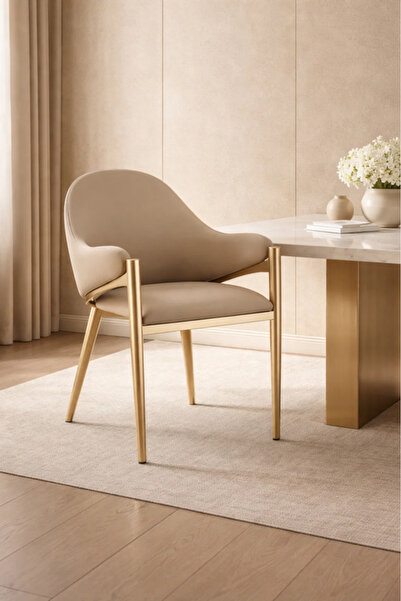 MARIA HOMES Luxury Beige Velvet Dining Chair with Gold Metal Legs & Armrests