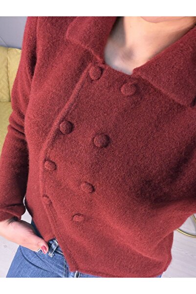 Bordo Cool Düğme Şık Polo Yaka Triko Hırka