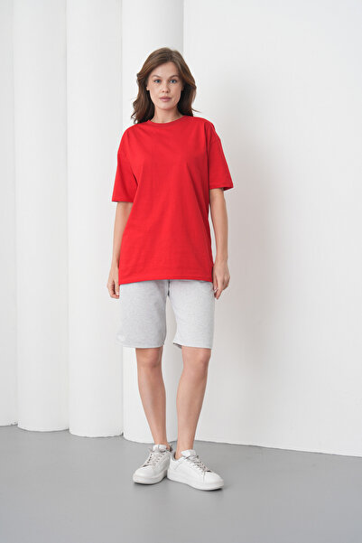 caddekombin Women's Red Gray Cotton Piece Combed Cotton Short Sleeve Pocketed...