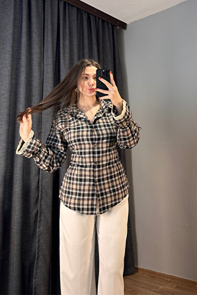 Sorridi Plaid Patterned Sleeves Lace Detailed Back Tie-Detail Shirt