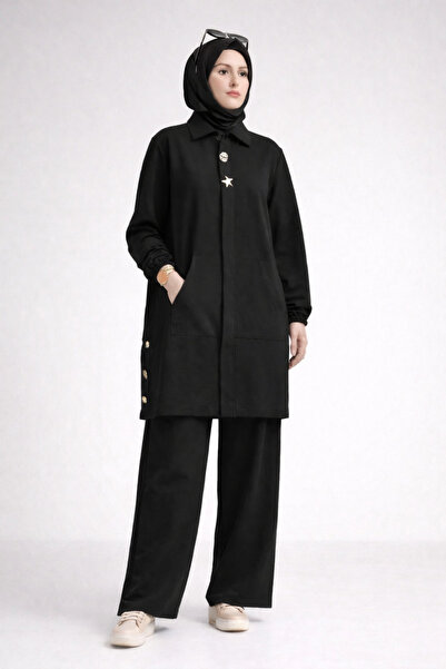ULKER AYDIN Tesettür Fermuarlı Siyah Kap Pantolon İkili Takım | İki İplik Kom...