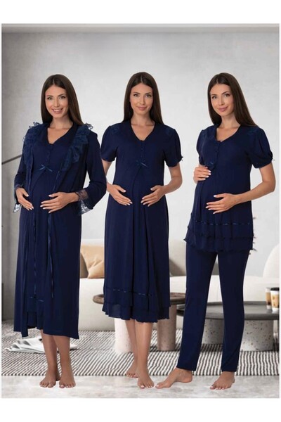 Lohusa Homewear Kadın Lacivert Kısa Kol Dantel Detaylı Yazlık Hamile Lohusa S...