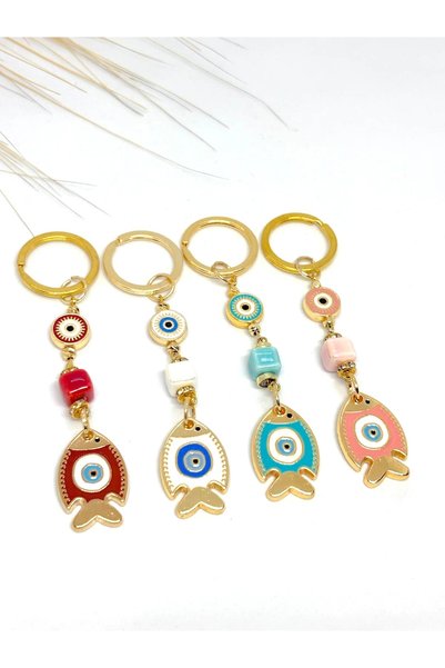 Azrua 4 Pieces of Metal Fish Evil Eye Beads in Different Colors Set of Keychain , Metal Fish Keychain Pieces