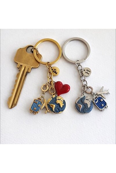 Elvia Atelier Dünya Çift Anahtarlık Uçak Charmlı Gold Kırmızı kalp