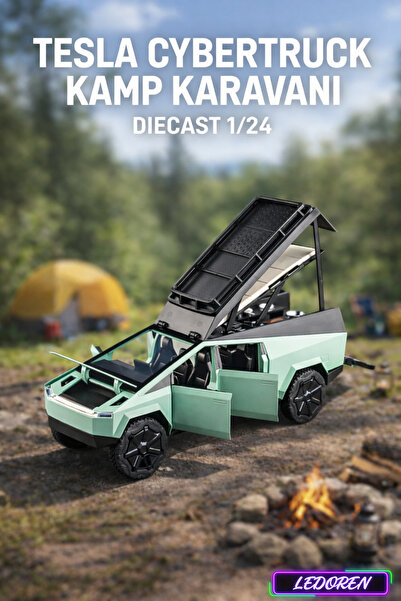 L'eDoren Yeşil Renkli Tesla Cybertruck Pickup Karavan 1/24 Diecast Koleksiyon...