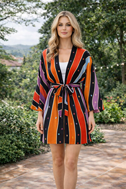 laviyonsa Kimono colorat din satin de mătase cu model pentru plajă și ținută ...