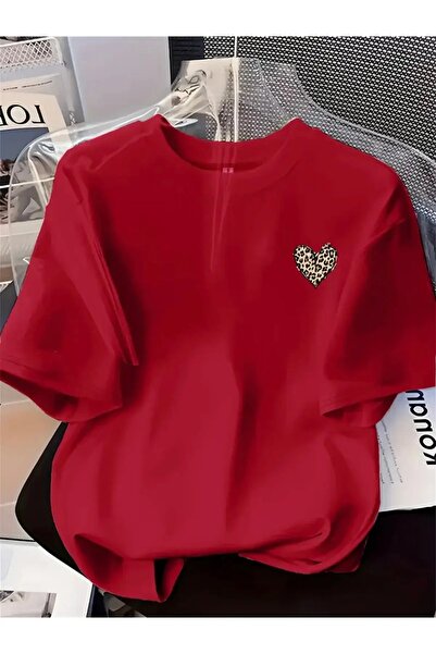 yombaa Leopard Mini Heart Printed Oversize Circular Neck T-Shirt