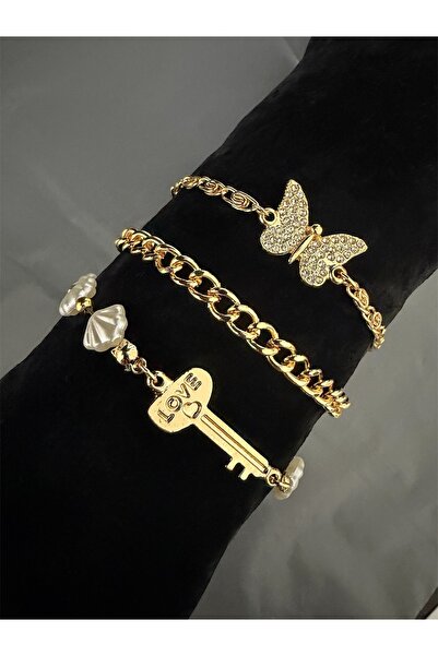 Madam Bikan Gold Renk 3 Lü Kelebek Zincir İncili Anahtar Set Bileklik