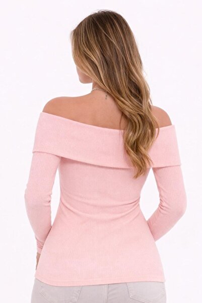 Seamoda Plus Size Madonna Collar Stretch Fabric Rib Knit Blouse-Powder Pink