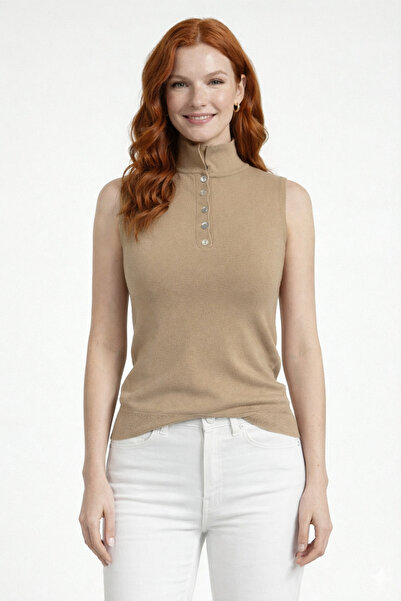 Neden Tekstil Beige Half Turtleneck Buttoned Knitwear Blouse