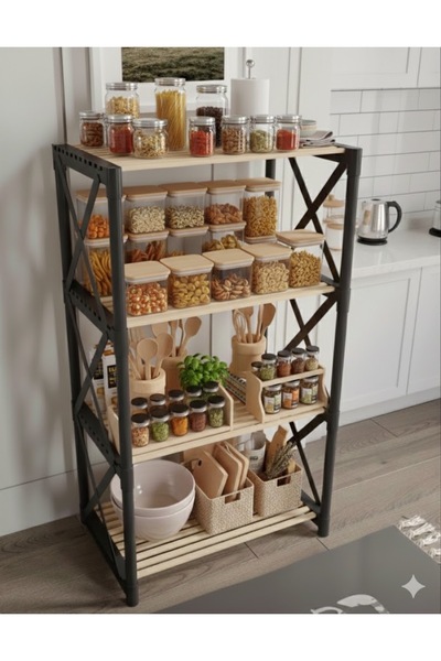 CasaNovi ZENNA 4 KATLI Dekoratif Çok Amaçlı MUTFAK RAFI Siyah-Ahşap