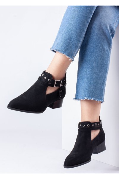 Defne Trend Store Vera Women's Suede Shoes Buckled Ankle Strap Back Zipper Daily Comfortable Short Heeled Boots