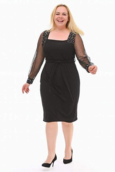 angelino butik Kadın İncili Detaylı Kare Yakalı Kalem Elbise GLS5275