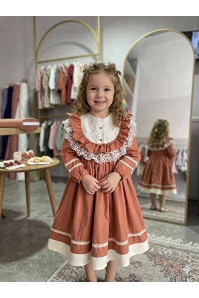 Sare Çocuk Giyim Vintage Inspired Lace Detailed 100% Cotton Girls' Dress - Ci...