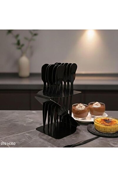 Generic طقم ملاعق حلوى معدنية سوداء مع حامل (13 قطعة - فضي)