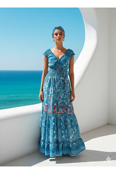 Fibula Zarif otantik ve bohem gipeli standart beden ithal ipek maxi elbise 36...