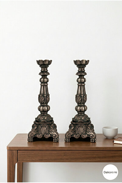 Dekoromi Dekoratif 2'li Büyük Boy Şamdan Mumluk - Ev ve Ofis Aksesuar (39x16cm)