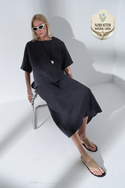 Maule 100% Λινό άνετες φούστες μάξι με ελαστική μέση και κορδόνια @Burgaz