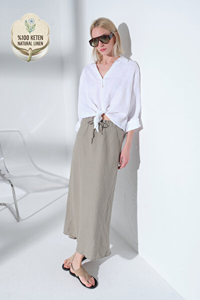 Maule 100% Λινό άνετες φούστες μάξι με ελαστική μέση και κορδόνια @Burgaz