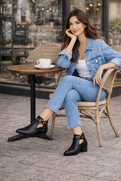 Defne Trend Store Vera Kadın Siyah Deri Ayakkabı Tokalı Bilekten Bantlı Arkad...