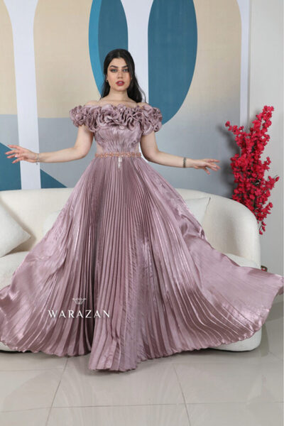 Warazan Pleated evening dress with beading at the bodice and ruffles on the s...