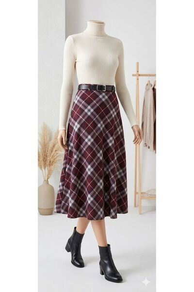 TREND VELORA Ekose kadın etek kemerli