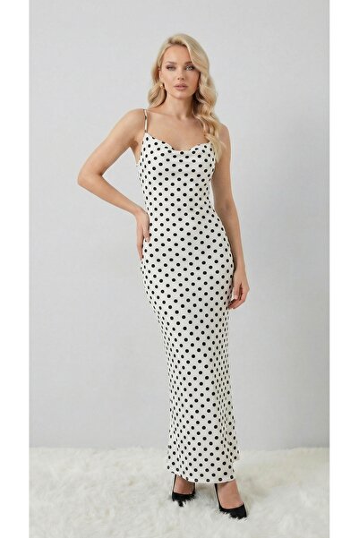 Miyasa Butik PUANTİYE DESENLİ ASKILI BODYCON MAXİ ELBİSE