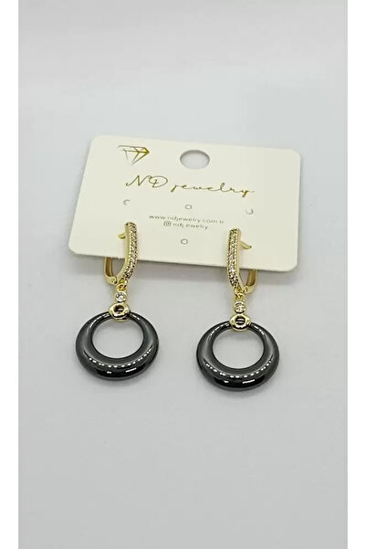 ndjewelry Black Ring Detailed Stone Gold Earrings